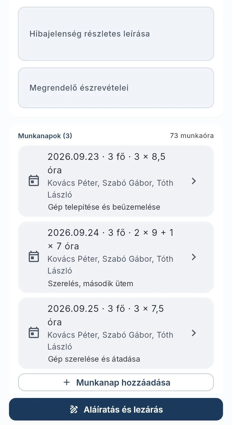 Munkalap: munkanapok és ledolgozott órák